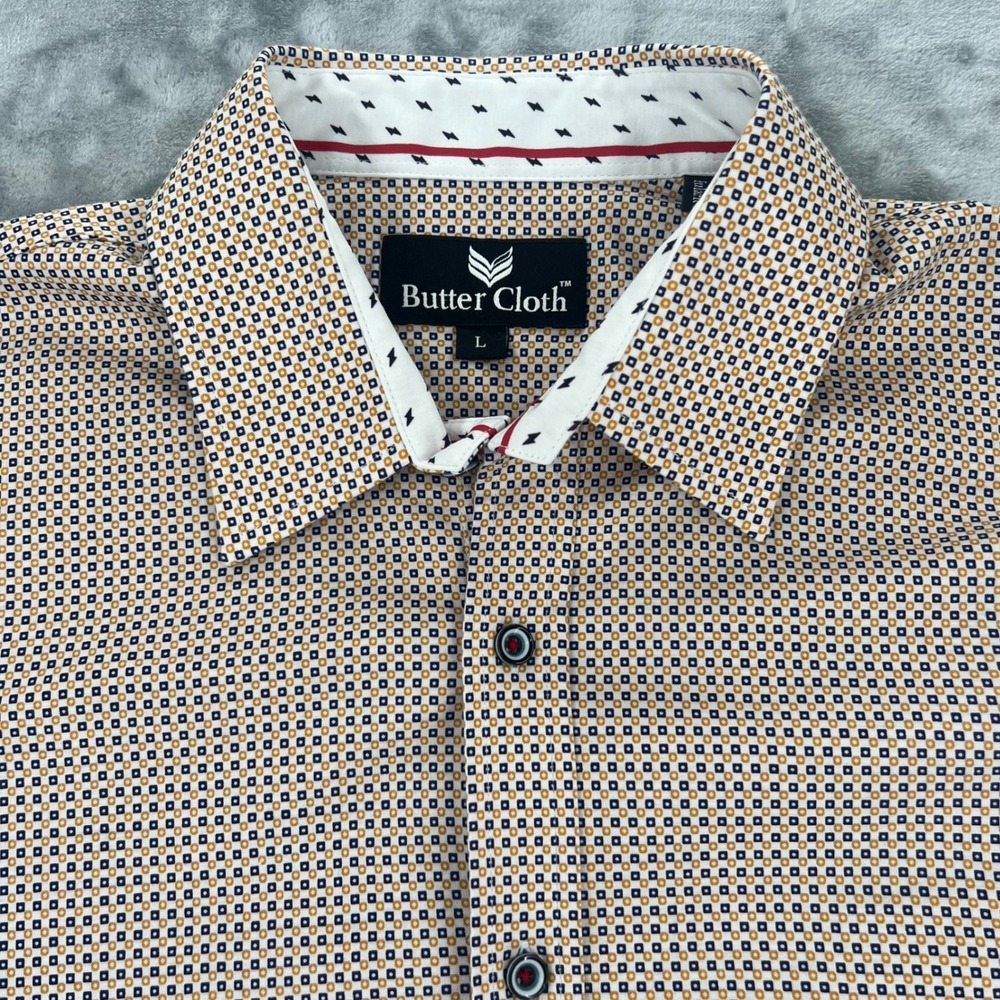 Butter Cloth Mens Regular Fit Geometric Print Button Down Shirt Yellow Blue L